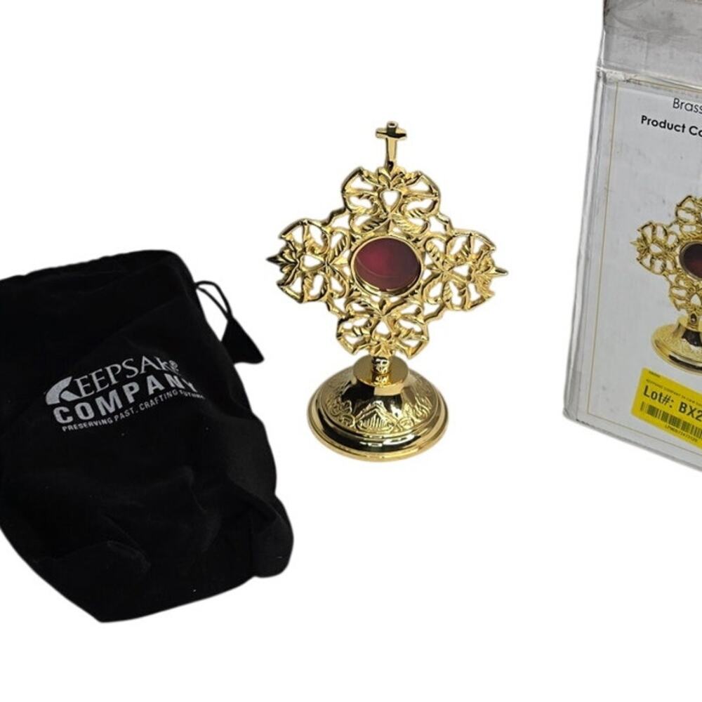 24K Gold Plated Brass Reliquary Religious Relic Holder Cross Catholic Altar